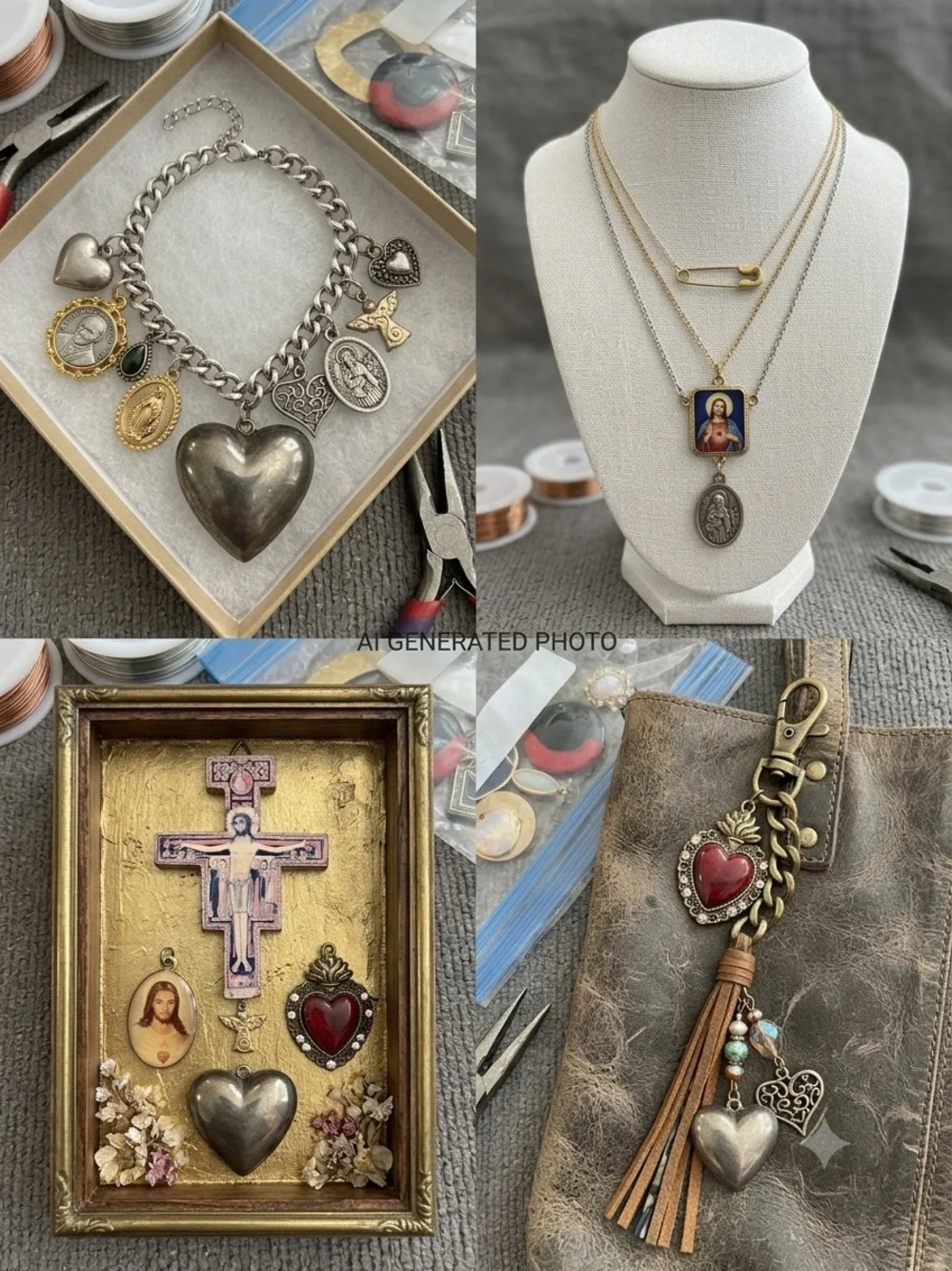Assorted Religious and Heart Pendant Charms - Gold & Silver Tones